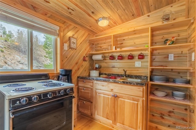 1450 Pine Ln Unit A, Grand Lake, CO 80447 - kitchen featuring white electric range, a sink, lofted ceiling, dark stone counters, and wood ceiling