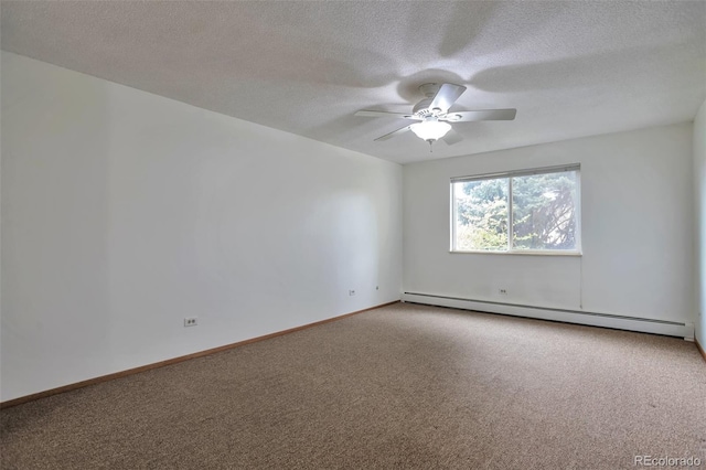 carpeted empty room featuring ceiling fan, a textured ceiling, baseboards, and baseboard heating