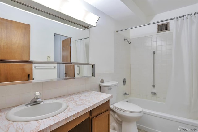 full bath with toilet, shower / tub combo, visible vents, decorative backsplash, and vanity