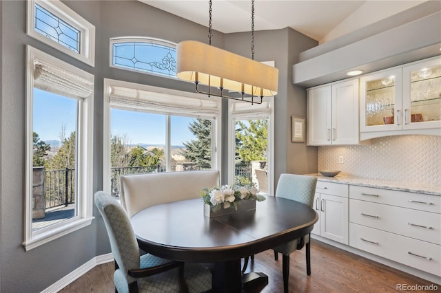 dining room with lofted ceiling, dark wood-style flooring, and baseboards