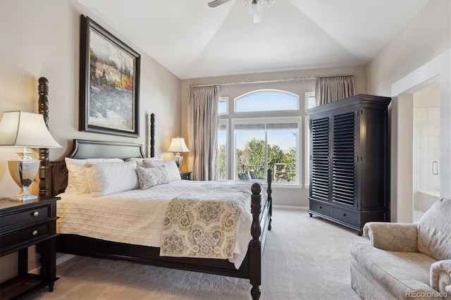 bedroom featuring carpet flooring and vaulted ceiling