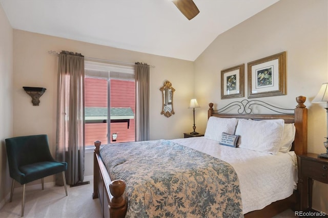 bedroom with lofted ceiling, carpet flooring, ceiling fan, access to outside, and baseboards