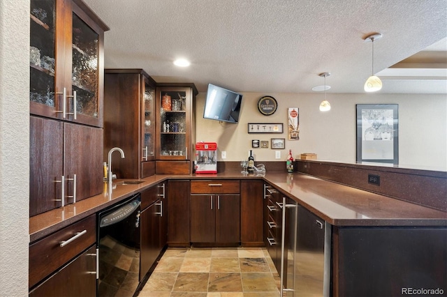 bar with refrigerator, a sink, a textured ceiling, wet bar, and dishwasher