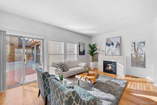 living room featuring hardwood / wood-style flooring and a fireplace