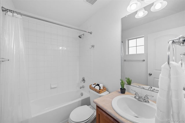 full bathroom with toilet, vanity, and shower / bath combination with curtain