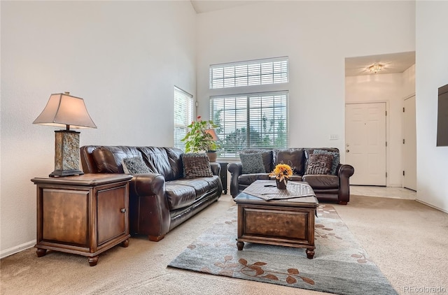living area featuring light colored carpet and a high ceiling