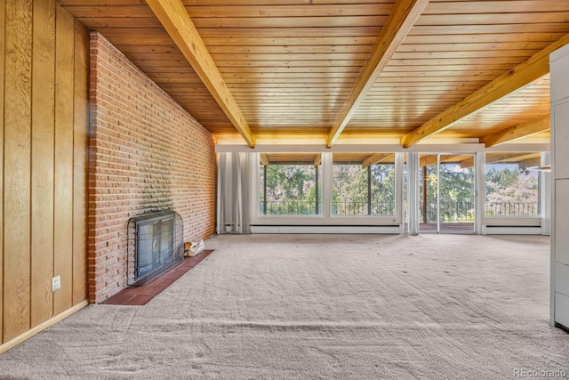 1 Lindenwood Dr, Littleton, CO 80120 - unfurnished living room with a baseboard heating unit, a wood ceiling with exposed beams, a brick fireplace, and carpet