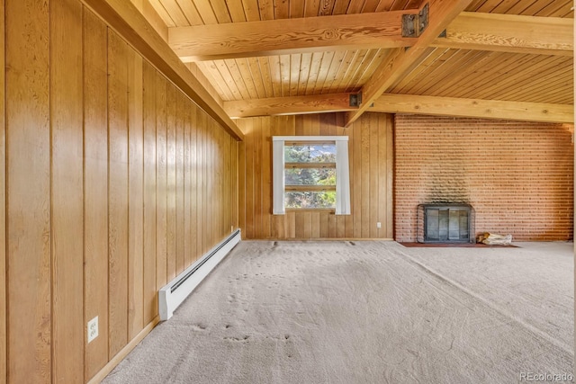 1 Lindenwood Dr, Littleton, CO 80120 - unfurnished living room with a baseboard heating unit, wood walls, a brick fireplace, a wooden ceiling with exposed beams, and carpet floors