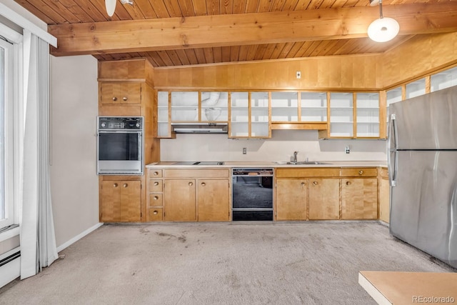 1 Lindenwood Dr, Littleton, CO 80120 - kitchen with black appliances, wood ceiling, under cabinet range hood, light countertops, and light carpet