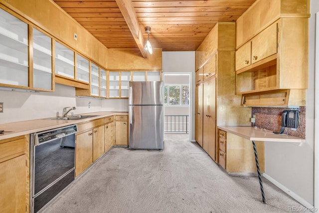 1 Lindenwood Dr, Littleton, CO 80120 - kitchen featuring freestanding refrigerator, black dishwasher, wood ceiling, light colored carpet, and light countertops