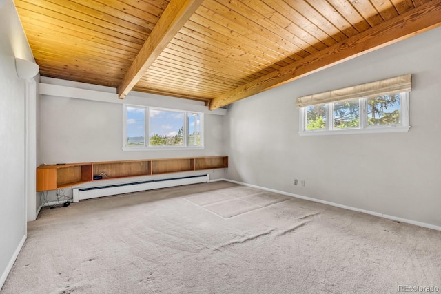 1 Lindenwood Dr, Littleton, CO 80120 - carpeted empty room featuring a baseboard radiator and a wooden ceiling with exposed beams