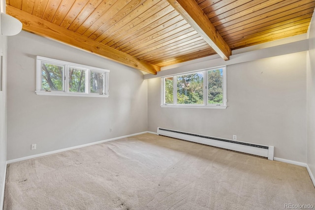 1 Lindenwood Dr, Littleton, CO 80120 - spare room with a baseboard radiator, carpet flooring, and a wooden ceiling with exposed beams