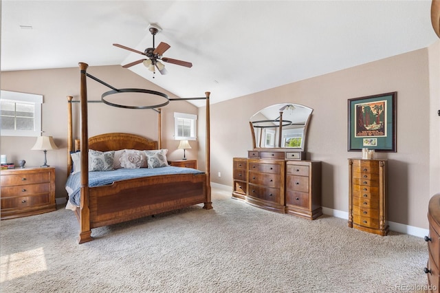 8029 E 23rd Ave, Denver, CO 80238 - bedroom with carpet flooring, vaulted ceiling, baseboards, and a ceiling fan