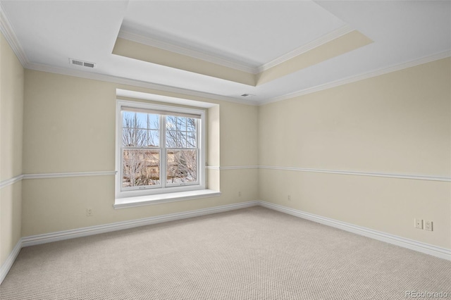 spare room featuring crown molding, a raised ceiling, and carpet