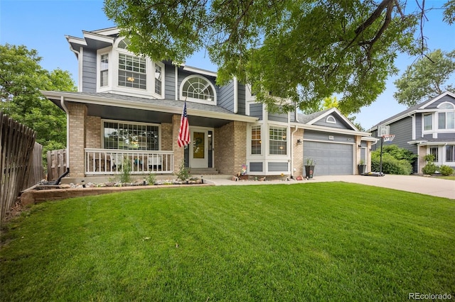 5552 S Lisbon Ln, Centennial, CO 80015 - traditional-style house with brick siding, a porch, driveway, and a garage
