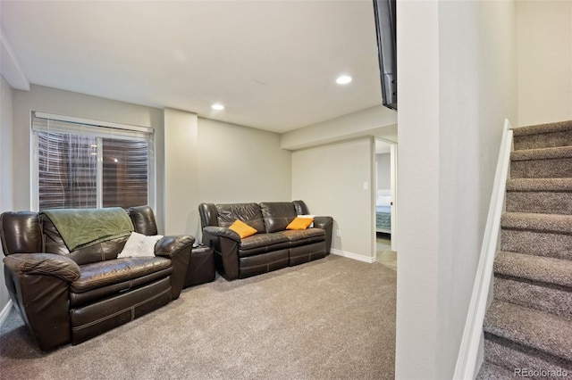 5552 S Lisbon Ln, Centennial, CO 80015 - living area featuring carpet flooring, stairs, and recessed lighting