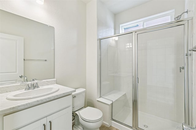 bathroom with vanity, toilet, and a shower with shower door