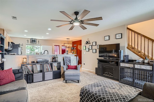 17390 Waterhouse Cir Unit B, Parker, CO 80134 - carpeted living room with stairway, ceiling fan, and recessed lighting