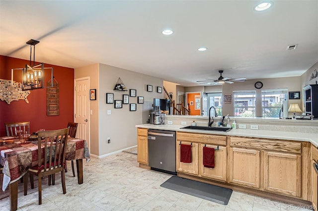 17390 Waterhouse Cir Unit B, Parker, CO 80134 - kitchen with stainless steel dishwasher, a chandelier, light countertops, a ceiling fan, and recessed lighting