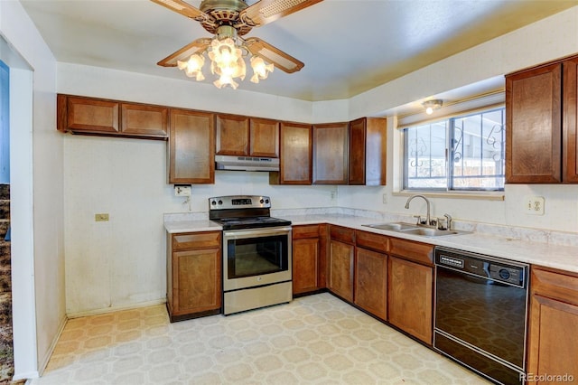 kitchen with electric stove, sink, black dishwasher, and ceiling fan