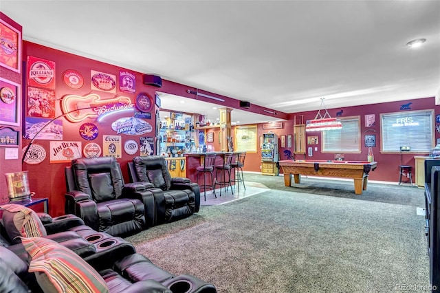 recreation room with carpet floors, bar area, and billiards