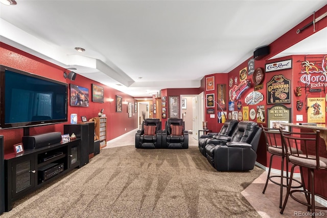 living room featuring carpet floors and bar