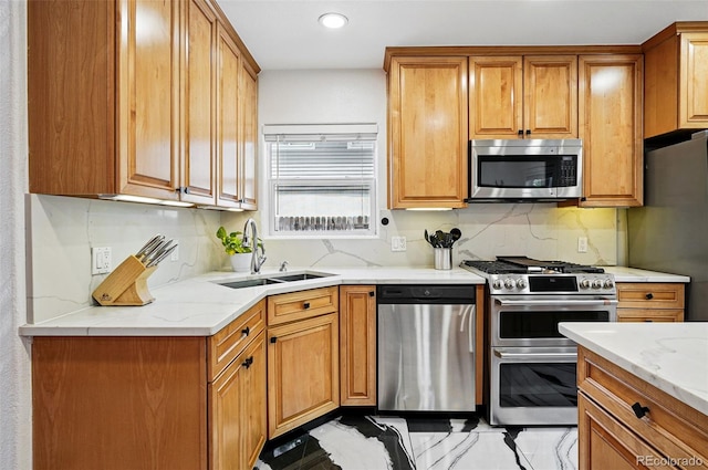 751 Poplar St, Denver, CO 80220 - kitchen featuring stainless steel appliances, light stone counters, decorative backsplash, brown cabinetry, and recessed lighting