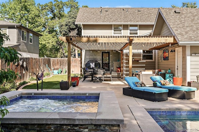 751 Poplar St, Denver, CO 80220 - view of swimming pool featuring a pergola, an in-ground hot tub, a fenced backyard, an outdoor hangout area, and a patio