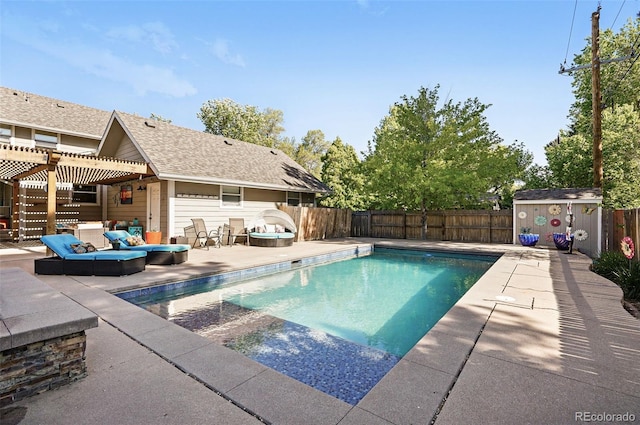 751 Poplar St, Denver, CO 80220 - view of swimming pool with an outdoor living space, a patio area, a fenced backyard, and a storage shed