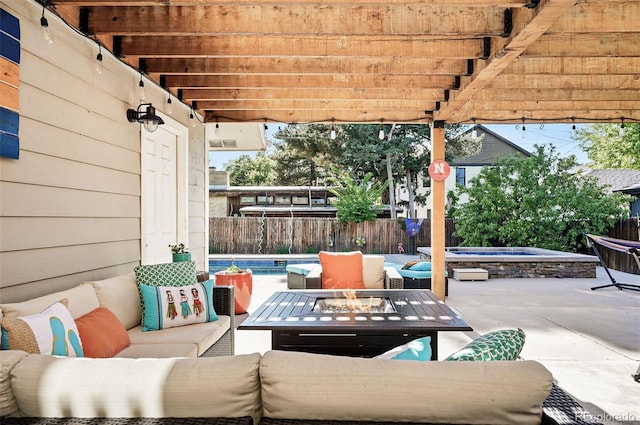 751 Poplar St, Denver, CO 80220 - view of patio featuring an outdoor living space with a fire pit and an outdoor hot tub