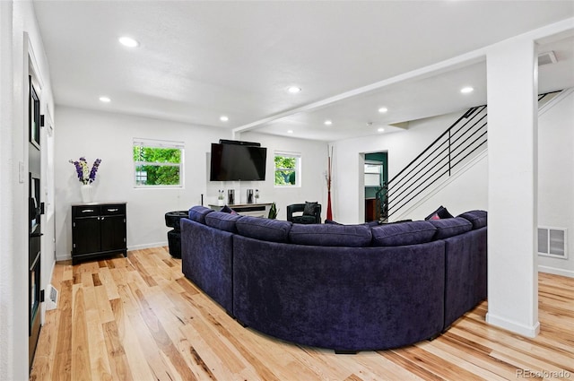 751 Poplar St, Denver, CO 80220 - living room with light wood-style flooring, recessed lighting, and stairs