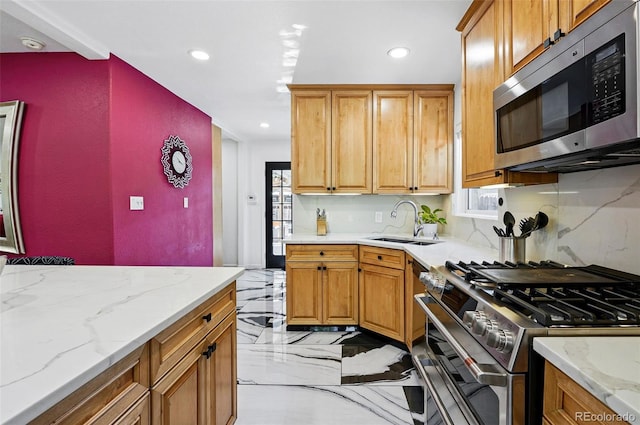 751 Poplar St, Denver, CO 80220 - kitchen featuring stainless steel appliances, recessed lighting, light marble finish flooring, light stone counters, and healthy amount of natural light