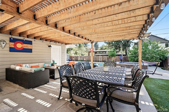 751 Poplar St, Denver, CO 80220 - view of patio with outdoor lounge area, outdoor dining space, a jacuzzi, and a pergola
