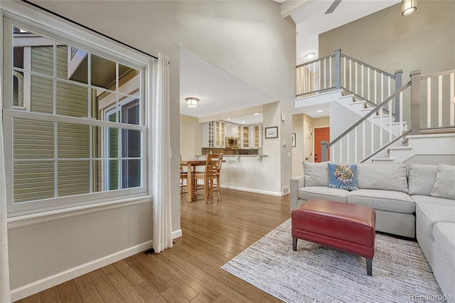 living room with a high ceiling and hardwood / wood-style floors