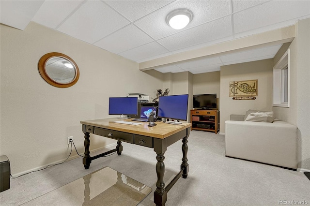 carpeted office space featuring a paneled ceiling