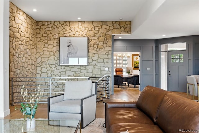 living room featuring recessed lighting and light wood-style floors