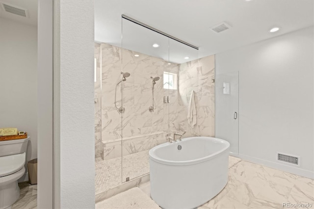 bathroom with shower with separate bathtub and toilet