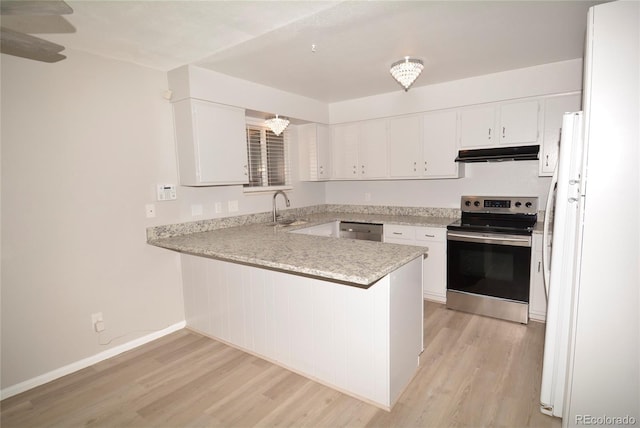 kitchen with white cabinetry, appliances with stainless steel finishes, light wood-type flooring, and kitchen peninsula