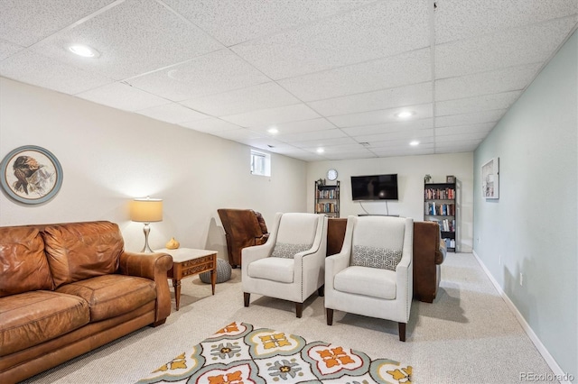 6410 Independence Way, Arvada, CO 80004 - living area featuring light carpet, a paneled ceiling, baseboards, and recessed lighting