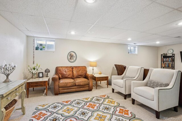 6410 Independence Way, Arvada, CO 80004 - living area featuring carpet flooring, a drop ceiling, baseboards, and recessed lighting
