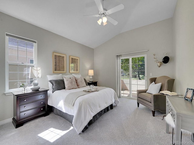 946 Champion Cir, Longmont, CO 80503 - bedroom featuring access to outside, carpet, vaulted ceiling, ceiling fan, and baseboards