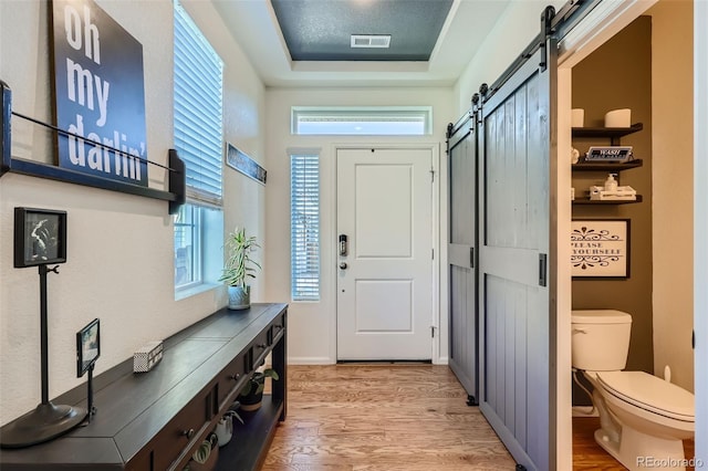 doorway to outside featuring light hardwood / wood-style floors and a tray ceiling