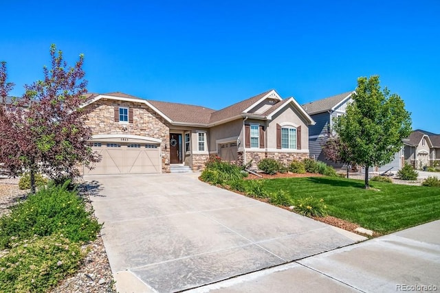 5865 Clover Ridge Cir, Castle Rock, CO 80104 - view of front of home featuring stone siding, stucco siding, a front lawn, concrete driveway, and a garage