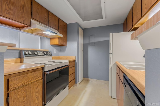 kitchen with under cabinet range hood, light countertops, white electric range, and dishwasher