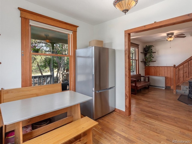 274 N Willow St, Crestone, CO 81131 - kitchen with freestanding refrigerator, light wood-style floors, and ceiling fan
