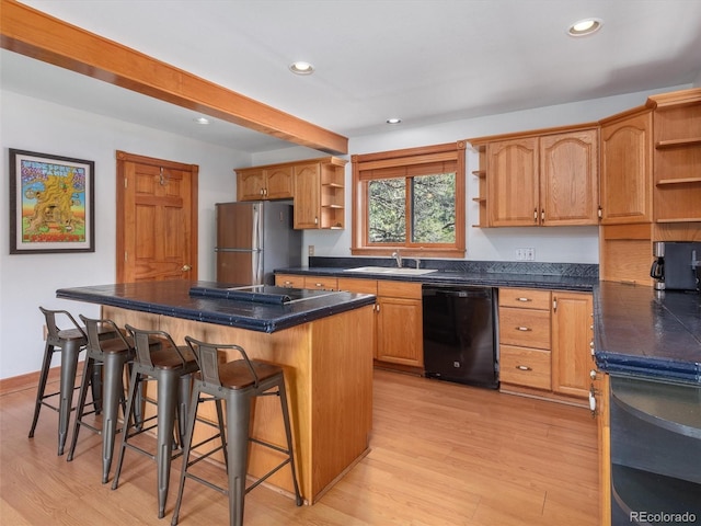 274 N Willow St, Crestone, CO 81131 - kitchen with open shelves, light wood-style floors, recessed lighting, and beamed ceiling