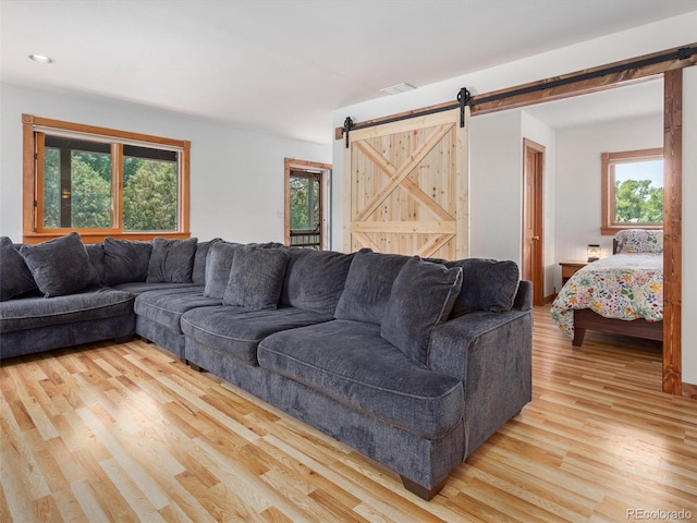 274 N Willow St, Crestone, CO 81131 - living room with a barn door, light wood-type flooring, and recessed lighting