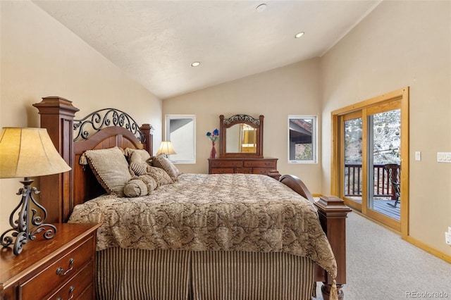 11 Hackamore Rd Unit B, Edwards, CO 81632 - bedroom with baseboards, lofted ceiling, access to exterior, and carpet flooring