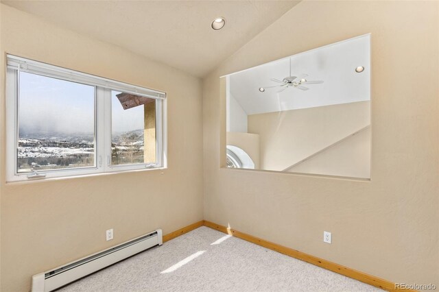 11 Hackamore Rd Unit B, Edwards, CO 81632 - carpeted empty room featuring ceiling fan, baseboards, lofted ceiling, recessed lighting, and a baseboard radiator