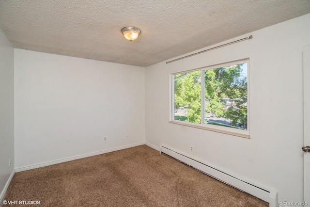 unfurnished room featuring carpet flooring, a textured ceiling, and baseboard heating